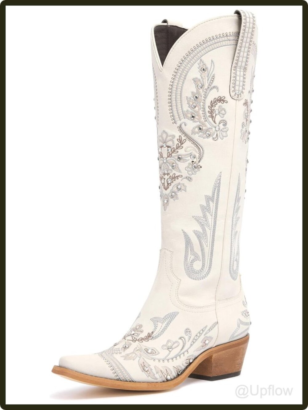 Women's Rhinestone Embroidered Western Cowboy Boots Knee High Snip Toe Faux